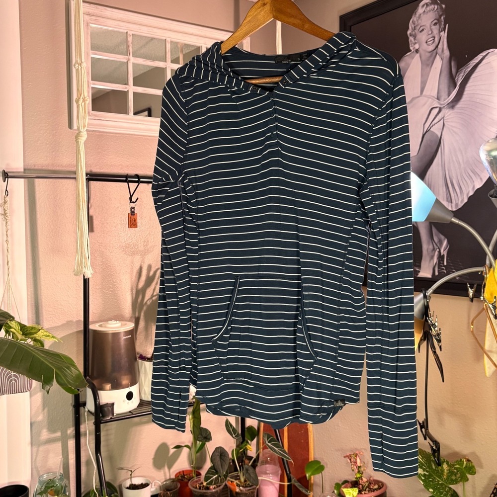 Prana Hoodie Women S Blue Excellent Striped Henley S Tencel Blend Long Sleeve